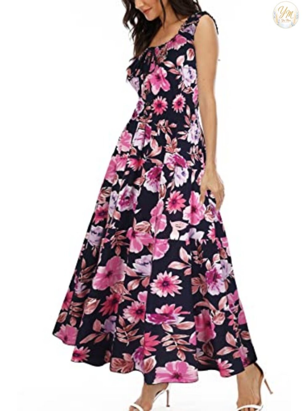 Sleeveless Scoop Neck Boho Floral Tiered Flowy Maxi Dress